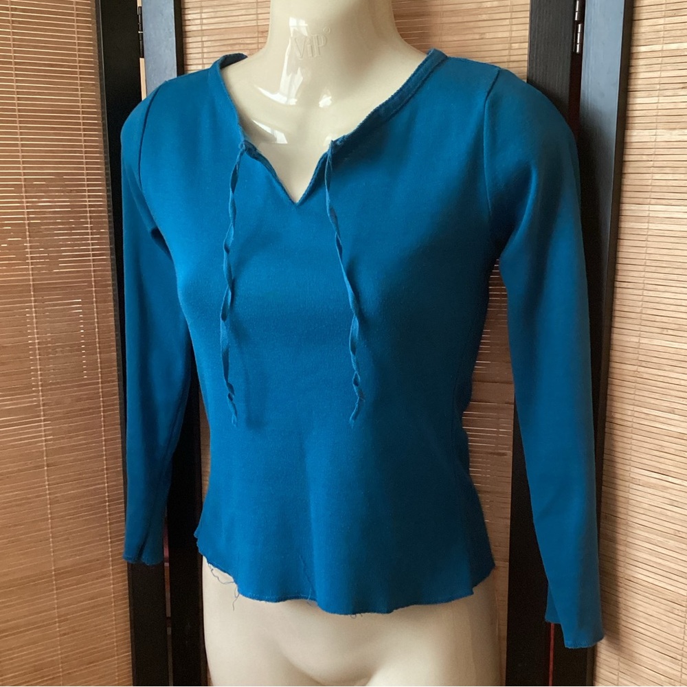 Vintage By Design crop shirt Sz S teal blue Y2K tie collar top
